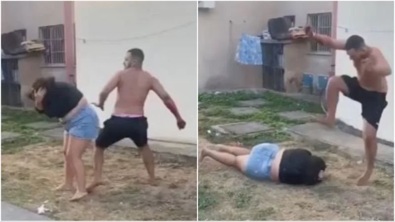 Homem é filmado dando socos e chutes em esposa dentro de condomínio